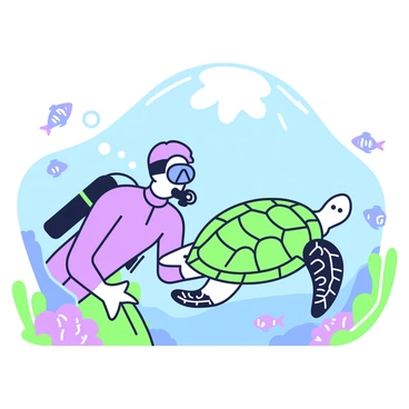 A diver is swimming underwater next to a gliding sea turtle. The diver is wearing a wetsuit and has a snorkel mask. The sea turtle has a patterned shell and is swimming gracefully through the water. Sunlight filters down from the surface, illuminating the scene. Around them, there are various fish swimming and coral formations in the background. Bubbles are rising from the diver’s equipment, creating a sense of motion in the calm underwater environment.
