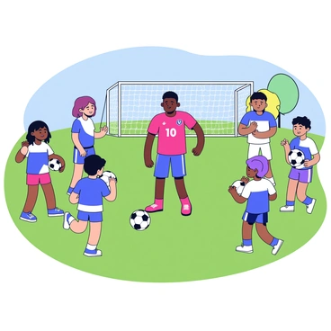 Kylian Mbappe is standing in a soccer field at a local club. He is wearing a bright red jersey with the number 10 on it. Around him are several young players, dressed in blue and white uniforms, eagerly listening to his advice. Some children are holding soccer balls, while others are practicing their dribbling skills. The sky above is clear and sunny, creating an inviting atmosphere for the training session. In the background, there are goalposts and a few trees, enhancing the lively scene.