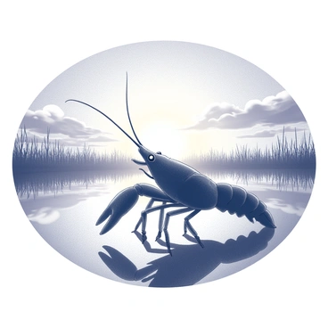A crawfish silhouette standing prominently in the foreground. The background features a wide expanse of marshland with tall grasses and reeds. The sky is filled with clouds, highlighting the expanse of the sunset with various shades that contrast against the silhouette. The overall scene captures the natural habitat of the crawfish, with water reflecting the sunset and creating a serene atmosphere in the marshland.