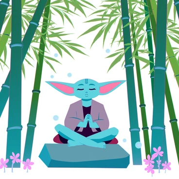 A small, green alien with large ears, resembling Yoda, is sitting cross-legged on a smooth stone with his eyes closed in deep meditation. Surrounding him is a dense bamboo forest, with tall, slender green stalks swaying gently in the breeze. Sunlight filters through the leaves, creating dappled patterns of light and shadow on the ground. Small, glowing orbs of light hover around him, adding a mystical atmosphere to the scene. A few delicate flowers bloom at the base of the bamboo, contrasting with the greenery.