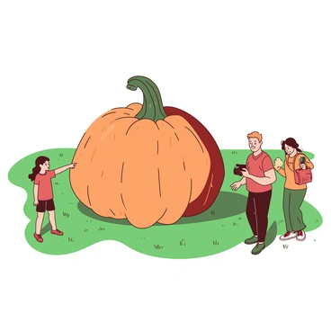 A large orange pumpkin is sitting alone in a vast green field. The pumpkin has a distinctive bumpy texture and a vibrant color that stands out against the grassy backdrop. Surrounding the pumpkin, a few curious onlookers gather, examining its size and shape. The onlookers include a child pointing excitedly at the pumpkin, an adult taking a picture with a camera, and a couple smiling as they discuss the pumpkin. The sky above is clear, enhancing the bright colors of the scene.
