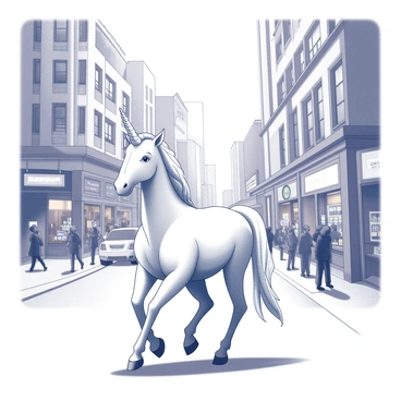 A unicorn with a shimmering mane and a spiraled horn walks through a busy city street. The creature is surrounded by tall buildings, storefronts displaying various goods, and crowds of people moving in different directions. The unicorn's presence adds an element of wonder amidst the urban environment. The street is filled with vehicles, and the atmosphere is alive with the hustle and bustle of city life. The unicorn appears calm as it strolls, effortlessly blending into the vibrant scene.