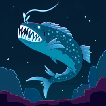 An anglerfish with a large, elongated body and a wide mouth filled with sharp teeth. Its skin has a mottled texture that mimics the surrounding dark ocean environment. The fish is glowing with a vibrant bioluminescence, illuminating its lure and the surrounding water in shades of blue and green. The dark ocean abyss serves as the backdrop, with faint outlines of underwater rocks and debris visible in the distance, enhancing the eerie atmosphere of the scene.
