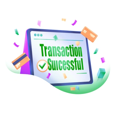 A digital screen displaying the words "Transaction Successful" in bold, green letters. Surrounding the screen are colorful confetti pieces scattered throughout the design. The screen has a prominent check mark icon in a circle beside the text, symbolizing approval. Various small icons representing payment methods, such as a credit card and a wallet, are arranged around the screen, enhancing the celebratory theme.
