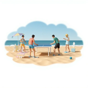 A sunny beach scene featuring a bright blue sky and golden sand. In the foreground, a group of four people is engaged in a game of table tennis on a portable table. Two men, one wearing a red tank top and blue shorts, and the other in a green t-shirt and black swim trunks, are playing actively, with paddles in hand. The two women are standing on the sidelines, one in a yellow swimsuit and a sun hat, and the other in a light blue sundress, cheering for their friends. Beach umbrellas and towels are scattered around, and a beach ball is lying in the sand nearby. The waves of the ocean gently lap at the shore in the background.