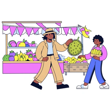 An explorer character wearing comfortable khaki clothing and a wide-brimmed hat is walking through a bustling market. The market is filled with vibrant stalls displaying a variety of exotic fruits like dragon fruit, mangosteen, and passion fruit. The explorer is reaching out to touch a large, spiky durian, while nearby, a vendor offers a basket of bright yellow bananas. Colorful banners and decorations add to the lively atmosphere of the market.