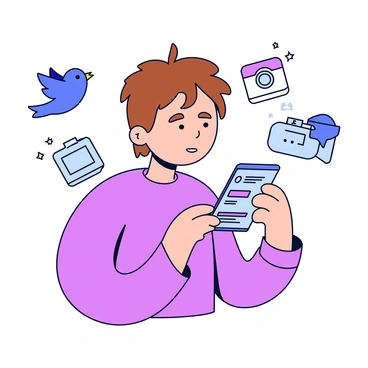 A person with short brown hair is looking at a smartphone held in their right hand. The screen of the phone displays notifications and social media feeds. Surrounding the person are various social media icons, including a blue bird, a camera, and a chat bubble, all floating in the air. The person's expression conveys anxiety, with wide eyes and slightly furrowed brows, reflecting the fear of missing out. The background is a simple, light color to emphasize the scene.