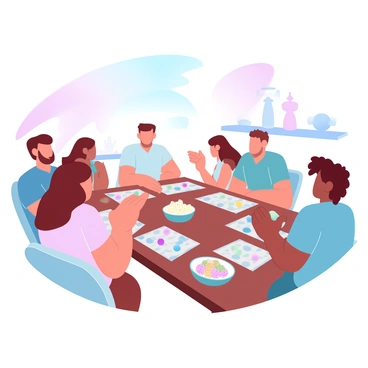 A family is gathered around a wooden table, engaged in a lively game night. Various board games are spread out on the table, with colorful game pieces arranged in the middle. A bowl of popcorn and a plate of assorted snacks are placed within reach of the family members. The room is filled with warm, inviting colors from the lighting, and there are decorative items on the shelves in the background. The atmosphere is filled with a sense of fun and camaraderie as the family interacts around the table.