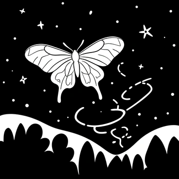 A luna moth flying through the night, leaving behind intricate patterns of light trails in the air. The moth has large, delicate wings with distinctive patterns. Surrounding the moth are silhouettes of trees and foliage, adding depth to the scene. The background is filled with a starry night sky, enhancing the ethereal atmosphere created by the light trails. 