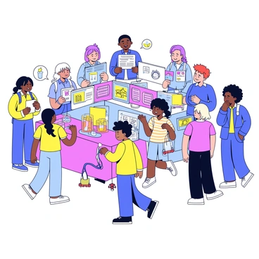 A group of students stands behind their science project displays. Each display is uniquely decorated with bright colors and informative posters showcasing their experiments. Some projects feature models and hands-on demonstrations. Visitors of various ages are engaged, some looking closely and others asking questions. The atmosphere is lively, with expressions of curiosity and excitement on the faces of both students and visitors.