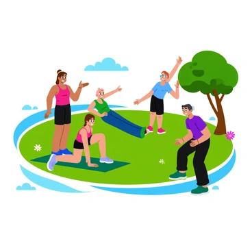A personal trainer with a bright red tank top and black shorts demonstrates various exercises to a group of three clients engaged in an outdoor workout session. The trainer is directing attention to a woman doing squats, while a man beside her performs push-ups on a green yoga mat. Another client is stretching by a nearby tree, showcasing a focused expression. The scene is set in a sunny park, with lush green grass and a few scattered flowers in the background.