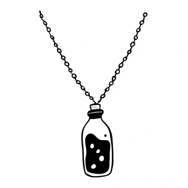 A "delicate necklace" with a thin silver chain is displayed prominently. The centerpiece is a "tiny glass bottle" that is suspended from the chain. Inside the bottle, there are "mustard seeds" that are visible, adding texture and detail. The bottle has a cork stopper on top, which contrasts with the smooth surface of the glass. The necklace is presented against a simple background, emphasizing the elegance of the design.