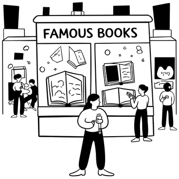 A girl standing in front of a large display case filled with famous books. The display features several open books with illustrated pages, showcasing different stories. Behind her, there are large banners with the titles of iconic novels written in bold letters. The museum walls are adorned with framed images depicting scenes from the books. The girl is holding a small notebook and pencil, taking notes as she admires the exhibit. Various visitors can be seen interacting with other displays in the background.