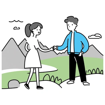 A couple standing on a mountain peak, surrounded by tall, rugged mountains in the distance. The man is wearing a blue jacket and dark jeans, while the woman is in a white dress. They are facing each other, holding hands, as they exchange silver rings. The sky is clear with a few fluffy clouds, and the panoramic view showcases a vast landscape of green valleys and rocky terrains.