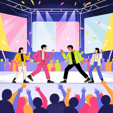 A vibrant dance arena filled with colorful lights and cheering fans creates an energetic atmosphere. In the center, two groups are engaged in a friendly dance battle. One group consists of members of "BTS," each wearing stylish outfits with distinct colors and patterns. They showcase synchronized dance moves with confident smiles. The second group, representing another popular K-pop act, is equally fashionable, displaying their unique style through their clothing. They respond with impressive choreography, adding to the competitiveness of the battle. The backdrop features large video screens displaying dynamic visual effects that enhance the excitement of the performance. The audience, filled with enthusiastic fans, waves light sticks, adding a colorful glow to the scene.