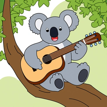 A cute koala with fluffy gray fur and large round ears is sitting on a sturdy tree branch. Its wide eyes are focused on an acoustic guitar held in its paws, which is made of a light wood color. The koala's mouth is open as it appears to be singing a cheerful song. Surrounding the branch are vibrant green leaves, adding a natural touch to the scene. Sunlight filters through the foliage, creating a warm atmosphere around the playful koala.