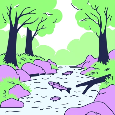 A forest scene featuring a brook trout habitat. The water is flowing gently over a bed of smooth, mossy rocks that are partially submerged. Overhanging trees with green leaves create a dappled shade above the water. In the clear water, several brook trout can be seen swimming near the surface. The surrounding undergrowth is rich with ferns and small plants, and a few fallen branches are scattered along the bank. Sunlight filters through the tree branches, illuminating parts of the scene.