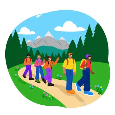 A group of four friends hiking along a scenic mountain trail. They are each wearing colorful backpacks, and their clothing is vibrant, reflecting their adventurous spirit. The trail is narrow and winds through lush green trees and bushes, leading up to majestic rocky peaks in the background. The sky is bright blue with fluffy white clouds casting soft shadows on the ground. Each friend has a joyful expression as they engage in conversation, with one of them pointing excitedly at a distant view. There are wildflowers blooming along the sides of the trail, adding pops of color to the landscape.