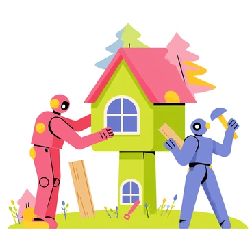 Two cartoon robots are working together to build a colorful treehouse. The red robot has a shiny exterior with bright yellow accents, while the blue robot has round shapes and is adorned with green highlights. They are standing on a grassy patch, surrounded by various tools like a yellow hammer and a blue saw. The treehouse is designed with vibrant colors, featuring a red roof, a green body, and purple windows. The robots are assembling the walls, with one robot holding a wooden plank while the other carefully places it in position. In the background, there are colorful trees and a clear blue sky.