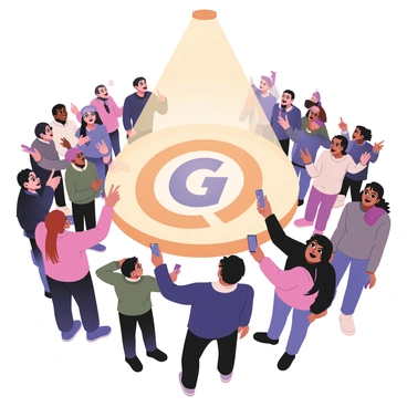 A digital flat illustration featuring a brand logo at the center, brightly illuminated by a spotlight. The logo is displayed in bold, vibrant colors, making it stand out against the darker background. Surrounding the logo, a diverse group of followers is gathered, showing a range of skin tones and clothing styles. Some followers are taking photos or videos with their smartphones, while others are pointing towards the logo with excited expressions. The scene conveys a sense of anticipation and engagement around the brand logo.