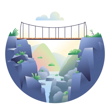 A narrow suspension bridge with a wooden deck is connecting two sections of a rugged plateau. The bridge is suspended by thick, sturdy cables that rise high above the rocky terrain below. On one side, the plateau features jagged cliffs and scraggly bushes, while the other side showcases a steep drop into a canyon filled with boulders and sparse vegetation. The sky is clear with a few fluffy white clouds scattered above, casting soft shadows on the landscape. The bridge is slightly swaying in the gentle breeze, and the warm sunlight creates a soft glow on the surfaces.