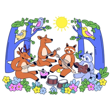 A symphony of woodland creatures playing instruments made from natural materials in a vibrant forest.