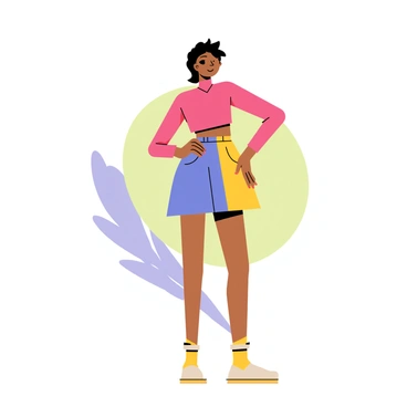 A model standing confidently in a vibrant, color-blocked outfit featuring bold sections of pink, yellow, and blue. The outfit includes a fitted top and a flared skirt, creating a dynamic silhouette. The model has striking, styled hair and is posing with one hand on her hip. Behind her is a smooth pastel background with soft hues of mint green and lavender, creating a pleasing contrast to the bright colors of the outfit.