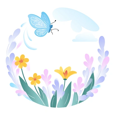 A vast open field filled with vibrant wildflowers in various colors such as yellow, purple, and pink. In the foreground, delicate petals sway gently in the breeze. A butterfly with intricate patterns on its wings is seen fluttering above the flowers. The background features a gentle gradient of pastel colors, enhancing the tranquility of the scene. The sky above is a soft blend of blue and pink, creating a serene atmosphere.