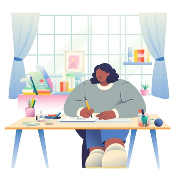 A famous illustrator with light brown skin is sitting at a large wooden drawing table in their home studio. The room is filled with natural light streaming through large windows adorned with sheer curtains. The illustrator has shoulder-length curly hair and is wearing a comfortable gray sweater. They are focused on sketching in a large sketchbook with a pencil. Surrounding them are various art supplies, including jars of colored pencils, markers, and brushes neatly arranged on the table. Behind the illustrator, there are shelves filled with art books and framed illustrations hanging on the walls. A potted plant sits on the windowsill, adding a touch of greenery to the peaceful workspace.