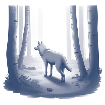 A grey wolf is stepping out from a thick curtain of fog. The wolf stands alert, its fur blending with the mist surrounding it. Tall, dark trees surround the wolf, their silhouettes barely visible through the dense fog. The ground is covered with a carpet of leaves and underbrush, adding to the scene's depth. Soft, muted light filters through the fog, creating an atmosphere of mystery. There are no other animals or signs of life in sight, emphasizing the eerie silence of the woodland.