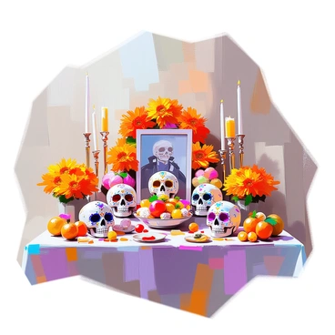 A postcard illustration featuring a Day of the Dead altar adorned with bright orange and yellow marigolds arranged in intricate patterns. Several decorative sugar skulls, painted with colorful designs, are prominently displayed across the altar. The altar is richly decorated with candles, papel picado, and photographs of deceased loved ones, creating a festive yet respectful atmosphere. The background includes a subtle hint of traditional items such as incense and fruit offerings, enhancing the cultural significance of the altar.
