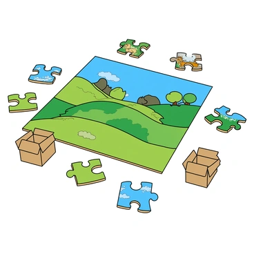 A colorful jigsaw puzzle spread out on a flat surface, with two-fifths of the pieces assembled into a complete image. The completed section features a vibrant landscape with green hills and a bright blue sky. The remaining scattered puzzle pieces are various shapes and colors, showing parts of animals, trees, and flowers. Some pieces are flipped over, revealing their plain cardboard backs. The puzzle is surrounded by a few open boxes, indicating where additional pieces might have come from.