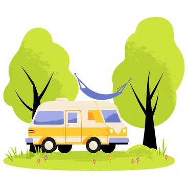 A colorful camper van parked in a clearing surrounded by dense green woods. The van features a bright yellow body with white accents. Two tall trees, with lush green foliage, are positioned on either side of the van. A blue hammock is strung tightly between the two trees, gently swaying. Sunlight filters through the leaves, casting dappled shadows on the ground below. Small wildflowers in various colors can be seen dotting the forest floor.