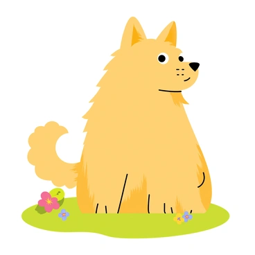 A large, fluffy dog with a golden coat sits regally on a patch of green grass. Its head is raised high, showcasing its proud stance. The dog's ears are perked up, and its eyes are bright and alert. A gentle breeze ruffles the fur around its neck, and a few colorful flowers are scattered nearby, adding charm to the scene. The dog's tail is raised, conveying confidence and poise.