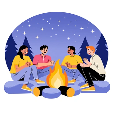 A group of four friends sitting around a campfire. The friends are laughing and animatedly sharing stories with bright smiles. The campfire in the center creates warm orange flames, casting a glow on their faces. Above them, a clear night sky filled with countless white stars twinkles. Surrounding the campfire, there are logs and rocks used as seating. A few silhouetted trees stand in the background, enhancing the outdoor atmosphere.