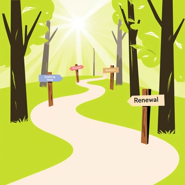 A winding path leads through a dense forest, surrounded by tall trees with green leaves. Along the path, there are several signposts, each one standing upright and clearly labeled with phrases such as "Denial," "Awareness," "Seeking Help," "Recovery," and "Renewal." The signposts are wooden and weathered, contrasting with the vibrant greenery of the forest. Sunlight filters through the leaves, casting dappled shadows on the ground, creating a sense of movement along the journey of addiction and recovery.