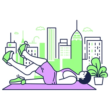 A person is performing leg raises on a rooftop. The individual is wearing athletic clothing, consisting of a fitted tank top and shorts. They are lying on their back on an exercise mat. The cityscape in the background features tall buildings with various architectural styles, including modern skyscrapers and older structures. The sky is clear, and the sunlight casts shadows of the person and buildings onto the rooftop. In the foreground, there are a few potted plants adding greenery to the scene.