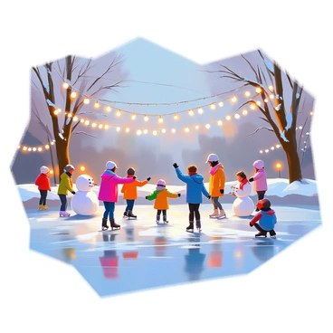 A winter scene depicting several people joyfully ice skating on a frozen pond. The pond is surrounded by snow-covered trees, their branches dusted with a light layer of snow. Twinkling lights are strung above the pond, casting a soft glow on the skaters below. Some skaters are wearing colorful winter clothing, while others have scarves fluttering in the cold breeze. Nearby, a small group of children is building a snowman, and a few onlookers are cheering from the edge of the pond. The sky is a deepening twilight blue, enhancing the magical atmosphere of the scene.