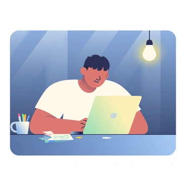 A Wojak character with a neutral expression is sitting at a desk in a dark room, intensely typing on a laptop. The Wojak character has short black hair and is wearing a plain white t-shirt. The glow from the laptop screen illuminates the character's face, highlighting their focused expression. Surrounding the desk are scattered papers and a mug filled with pens. In the background, a dim light bulb hangs from the ceiling, casting soft shadows on the walls.