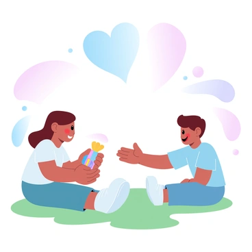 A child is seated on a grassy patch, holding a colorful toy in their hands. The child is looking toward another child who is sitting nearby, reaching out with an eager expression. The second child is wearing a bright t-shirt and is extending their hands towards the toy. A large heart shape is illustrated above them, symbolizing the act of sharing. Surrounding them is a gentle blend of gradient pastel colors, creating a warm and inviting atmosphere.