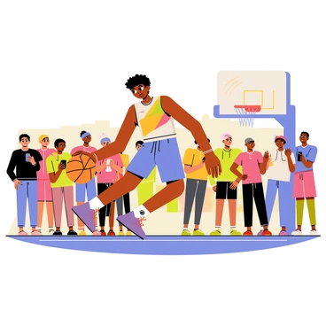 A basketball player dribbling a bright orange ball with quick, dynamic movements. The player is wearing a colorful jersey and shorts, showcasing an intense look of focus. In the background, a crowd of diverse spectators is gathered, with varied expressions of excitement and enthusiasm. Some onlookers are cheering, while others are capturing the moment with smartphones. The setting is a vibrant outdoor basketball court with a hoop and a colorful mural visible in the background.