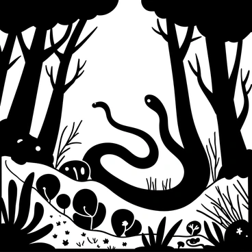 An eel twisting and winding gracefully through a dense, submerged forest. The forest consists of tall, intricately branched tree trunks rising from the murky water, with their roots sprawling in various directions. The eel's elongated body curves around the gnarled roots and branches, creating fluid movements. Shadows and light patterns play across the water's surface, enhancing the mystical atmosphere of the underwater scene. Various aquatic plants sway gently in the water, adding texture to the environment.