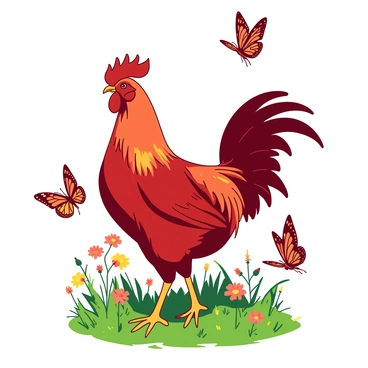 A red cockerel stands proudly in the center of a sunny meadow. Its feathers shine brightly, catching the light as it looks around. Surrounding the cockerel are numerous fluttering butterflies, each with delicate wings in various patterns. The butterflies dance gracefully around the cockerel, creating a lively scene. The green grass of the meadow is dotted with colorful wildflowers, adding texture and depth to the image. The sun casts soft shadows, highlighting the vibrant colors of the cockerel and the butterflies.