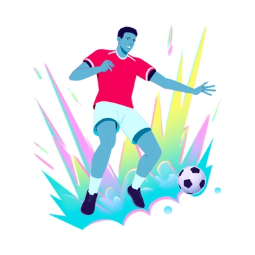 A male soccer player with short dark hair and athletic build, wearing a fitted red jersey with white shorts, is striking a soccer ball with intense focus. The soccer ball is flying off the ground with dynamic motion lines, emphasizing the power of the kick. Surrounding him is an explosion of vibrant colors in shades of blue, yellow, pink, and green, creating a lively and energetic atmosphere. The background features abstract shapes and patterns that enhance the sense of movement and excitement in the scene.