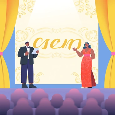 Several actors are standing on a decorated stage, rehearsing their acceptance speeches. The stage features an elegant golden curtain draped on either side. In the background, there is a large "Oscar" backdrop with golden lettering and intricate designs. One actor, wearing a black tuxedo, holds a piece of paper as he practices his speech with a focused expression. Another actor, dressed in a sparkling red gown, stands nearby with a joyful smile as she gestures animatedly. A spotlight illuminates the stage, creating a vibrant atmosphere. The audience seats are empty, creating a sense of anticipation for the upcoming awards ceremony.