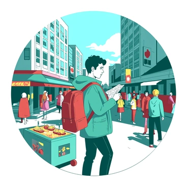 A teal backpacker wearing a red jacket stands on a busy city street, looking at a folded map. The backpacker has a curious expression while surrounded by a crowd of people. Towering skyscrapers rise in the background, their glass facades reflecting the sunlight. Colorful storefronts line the street, and a street vendor cart is nearby, displaying various snacks. The sky is bright, creating a lively atmosphere in the bustling urban environment.