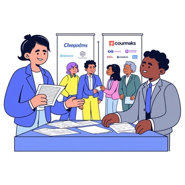 A student with short dark hair is standing at a table during a career fair. The student is wearing a navy blue blazer over a white shirt, holding a stack of neatly printed resumes in one hand. On the table, there are several brochures related to job opportunities in their field. The student is actively discussing with a representative from a company, who is wearing a gray suit. Behind them, there are banners advertising various companies and a diverse group of people in the background engaged in conversations.