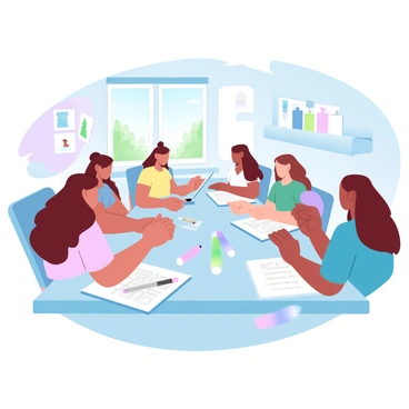 A group of women is gathered around a large table in a bright classroom filled with natural light. They are focused on various illustration techniques, with some using sketchbooks and others working on digital tablets. Each woman has a unique hairstyle and is dressed in colorful clothing, creating a lively atmosphere. Art supplies, such as markers, colored pencils, and paints, are scattered across the table. The walls of the classroom are adorned with vibrant artwork, and a large window shows a view of green trees outside.