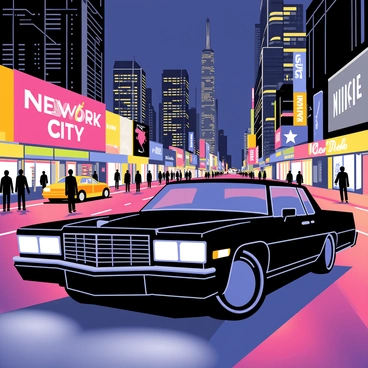 A sleek Cadillac with a shiny black exterior is parked at the forefront of a vibrant cityscape illuminated by colorful neon lights. The Cadillac's headlights are on, casting a soft glow onto the pavement. In the background, tall skyscrapers stand against the night sky, their windows twinkling like stars. The streets are lively with pedestrians and a few cars moving, creating an atmosphere of energy and activity. "New York City" is displayed on a large billboard, adding to the urban scene's character.