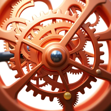 A close-up view of intricate copper clockwork gears interlocking and turning. The gears are detailed with engravings and varying sizes, showcasing their complexity. Some gears are larger and have a polished finish, while others are smaller and more textured. The image captures the shiny surfaces reflecting light, creating a warm glow around the copper material. The background is softly blurred, emphasizing the movement and interaction of the gears.